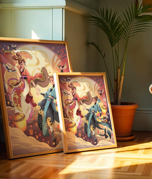Dynamic anime scene with traditional attire and lanterns