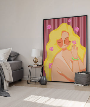Ilustración abstracta de una mujer serena con el pelo largo y rubio y flores
