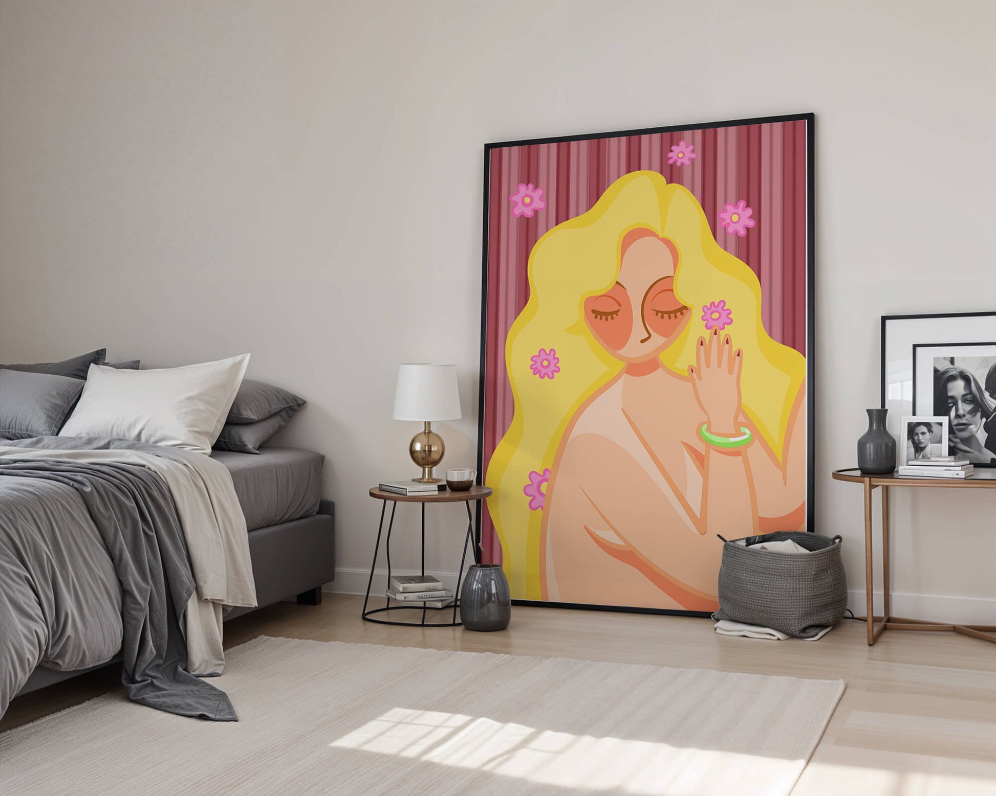 Ilustración abstracta de una mujer serena con el pelo largo y rubio y flores