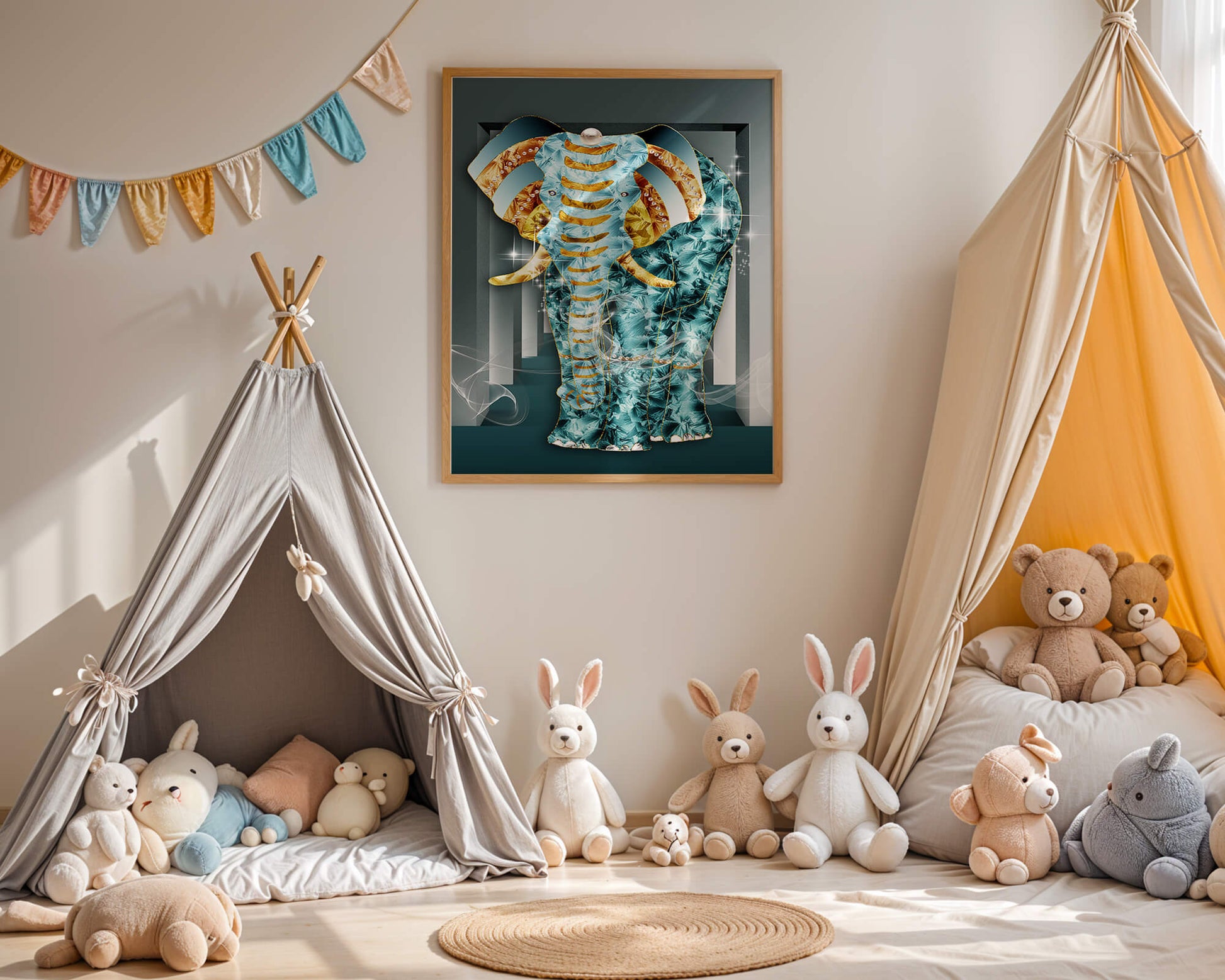 Elephant with Gold and Blue Textures in Surreal Geometric Background