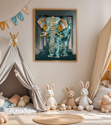 Elephant with Gold and Blue Textures in Surreal Geometric Background