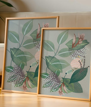 Floral botanical pattern with green leaves and delicate flowers