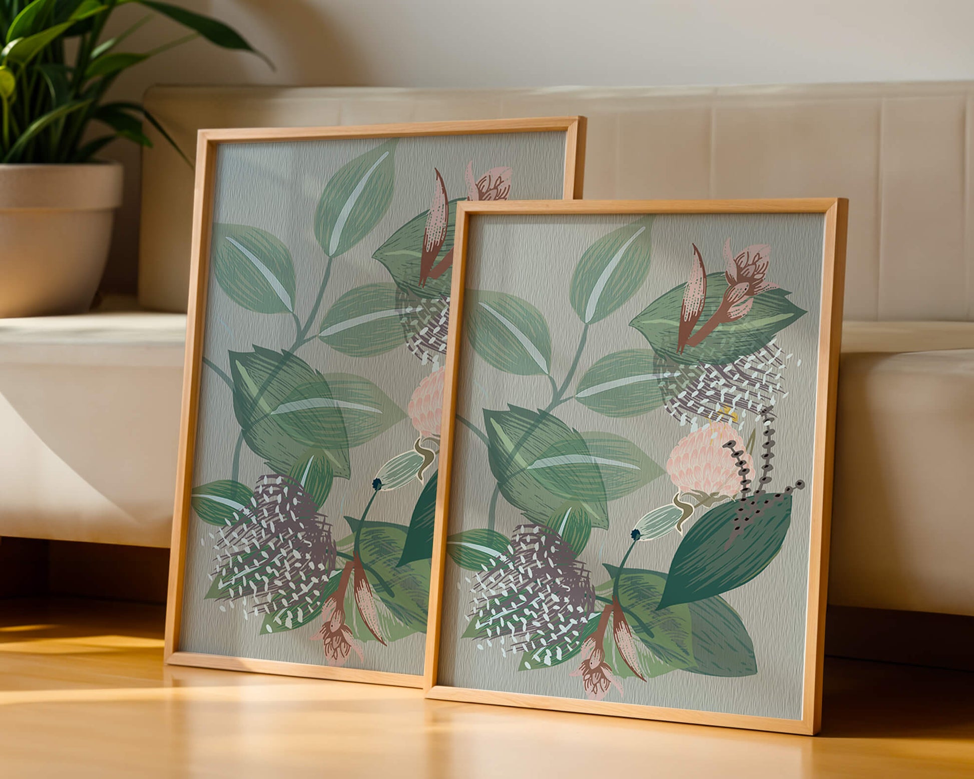Floral botanical pattern with green leaves and delicate flowers
