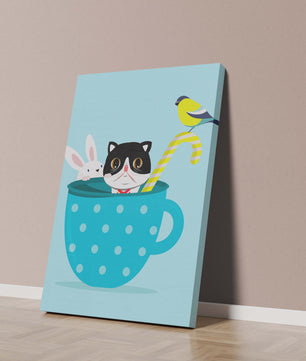 Playful illustration of cat, rabbit, and bird in a teacup