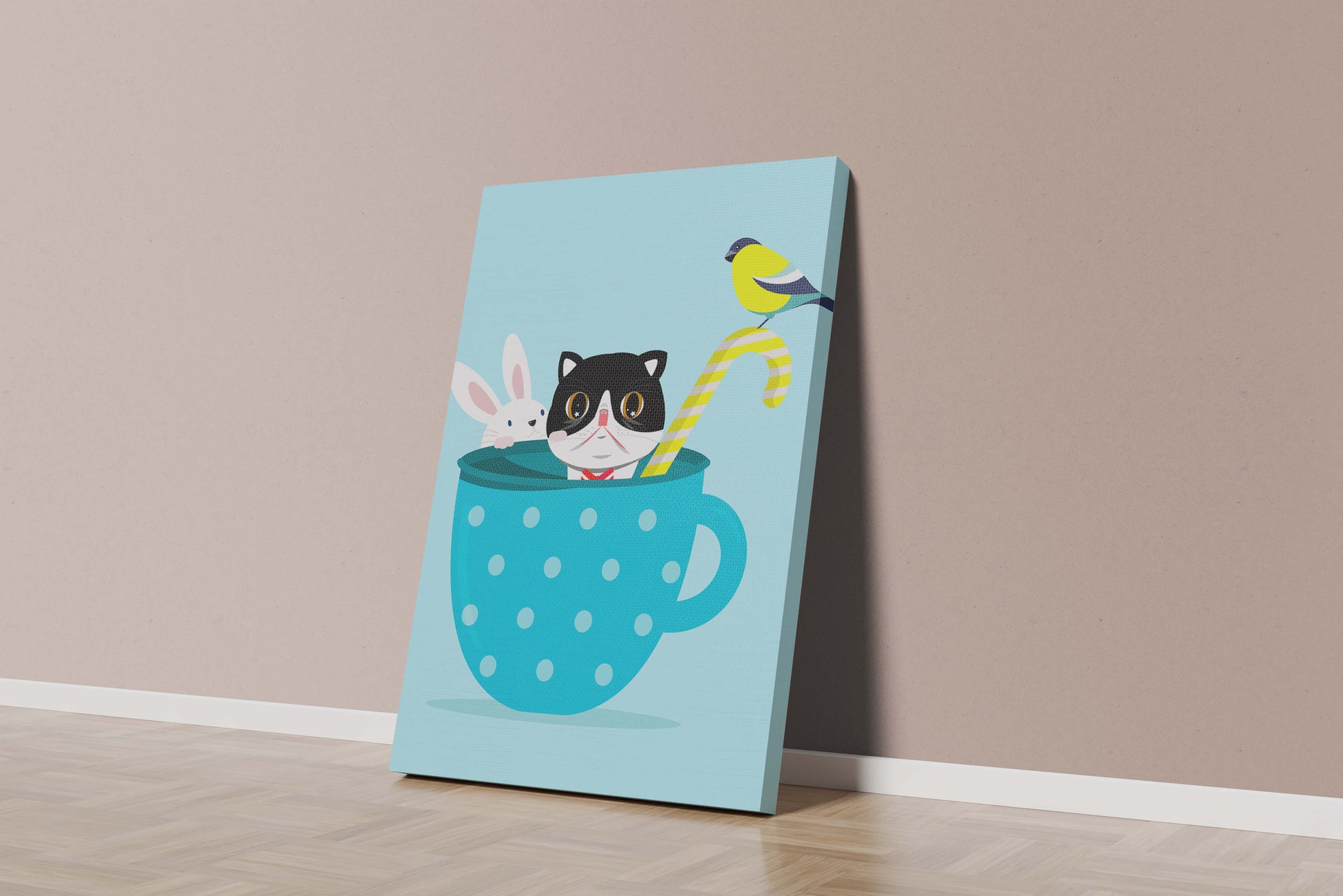 Ilustración lúdica de un gato, un conejo y un pájaro en una taza de té.