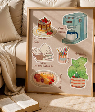 Elementos esenciales del hogar acogedor que incluyen pastel de fresa, cafetera y materiales de estudio