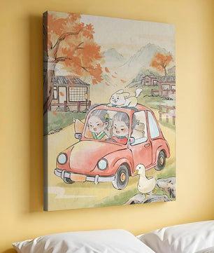 Charmante Landfahrt mit verspielten Charakteren und herbstlicher Landschaft