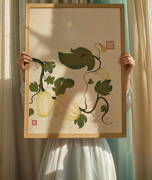 Illustration botanique élégante de melons et de vignes sur un fond texturé