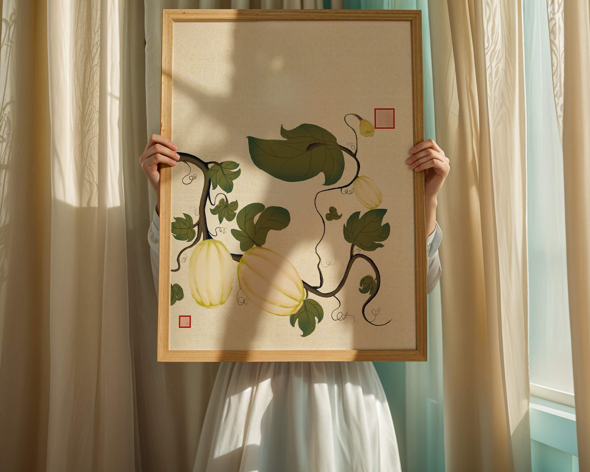 Illustration botanique élégante de melons et de vignes sur un fond texturé