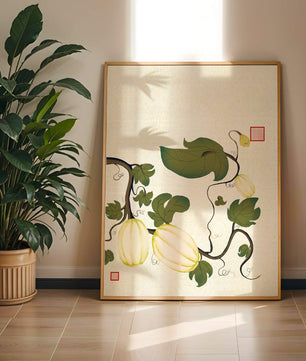 Illustration botanique élégante de melons et de vignes sur un fond texturé