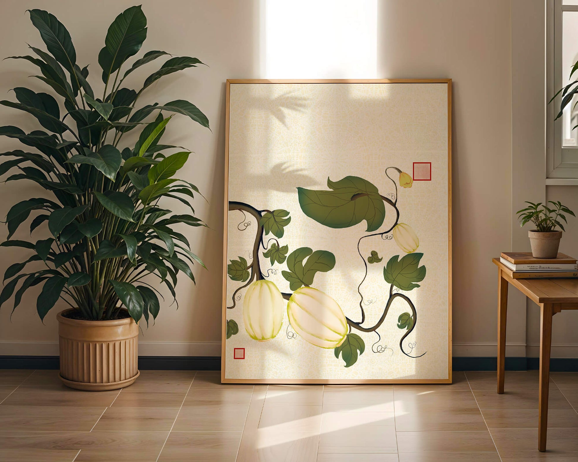 Illustration botanique élégante de melons et de vignes sur un fond texturé