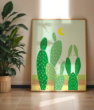 Desert cactus illustration with crescent moon