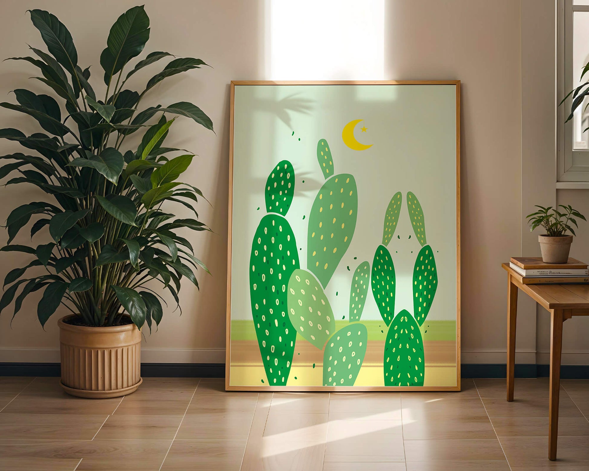 Desert cactus illustration with crescent moon