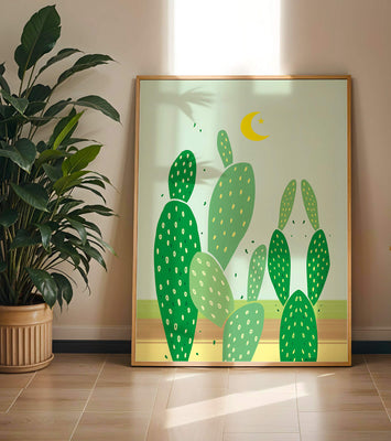Desert cactus illustration with crescent moon