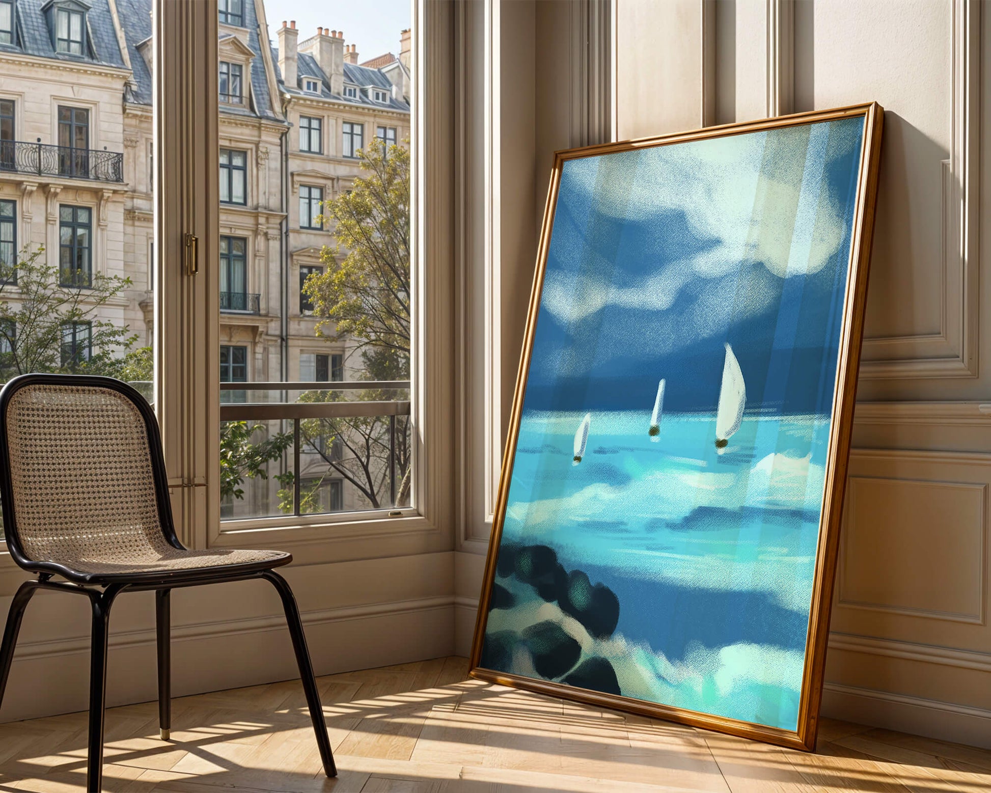 Seascape with sailboats navigating blue waves under a dramatic sky