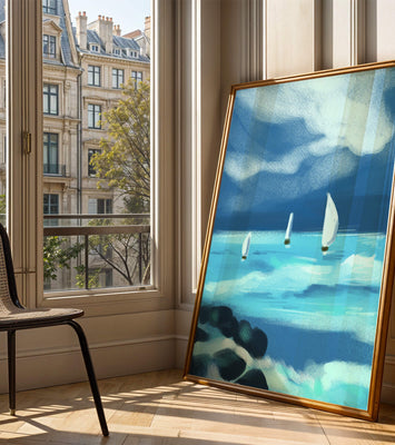 Seascape with sailboats navigating blue waves under a dramatic sky