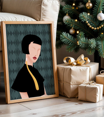 Elegant woman with short hair and golden earring on patterned background