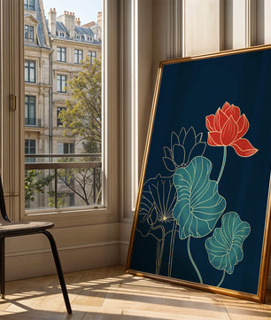 Elegant Floral Illustration with Vibrant Lotus and Gold Outlines on Dark Background