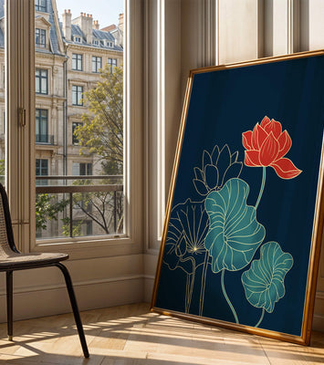 Elegant Floral Illustration with Vibrant Lotus and Gold Outlines on Dark Background