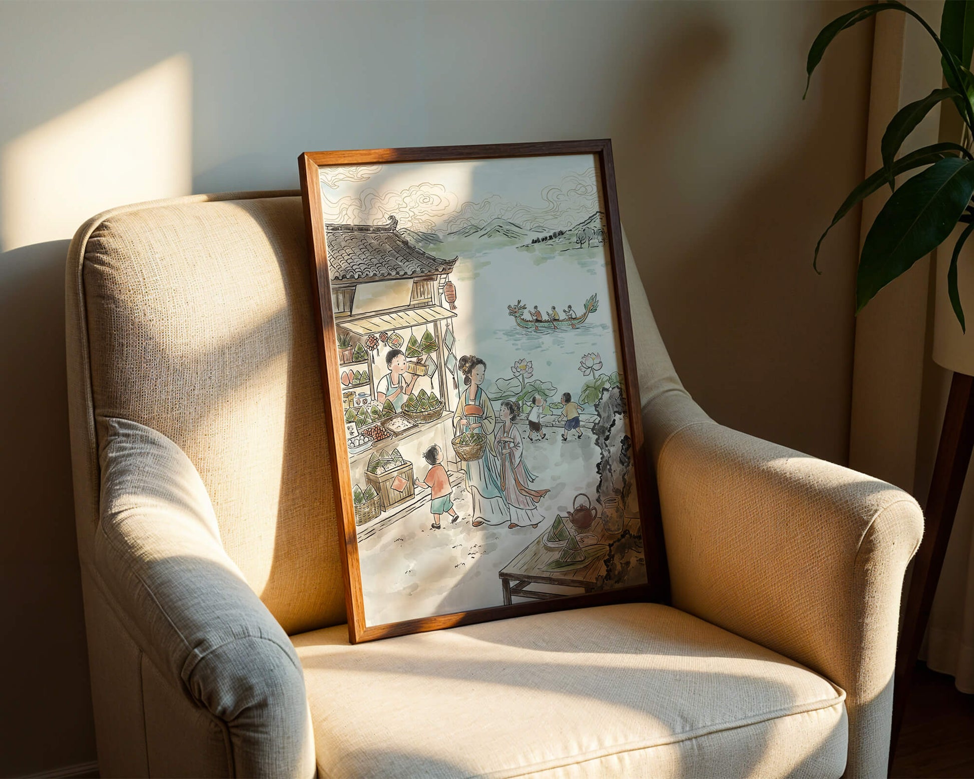 Escena tradicional del mercado chino con carreras de botes dragón