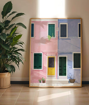 Casas pastel encantadoras con puertas y ventanas coloridas