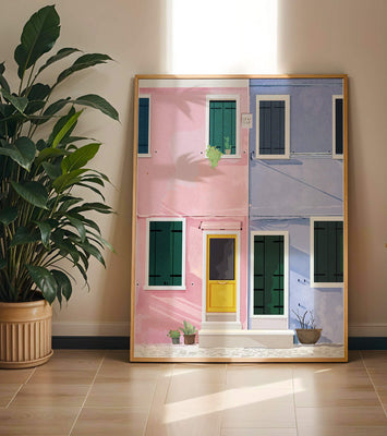 Charming pastel houses with colorful doors and windows
