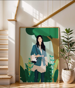Illustrative portrait of a woman in a stylish outfit with nature backdrop