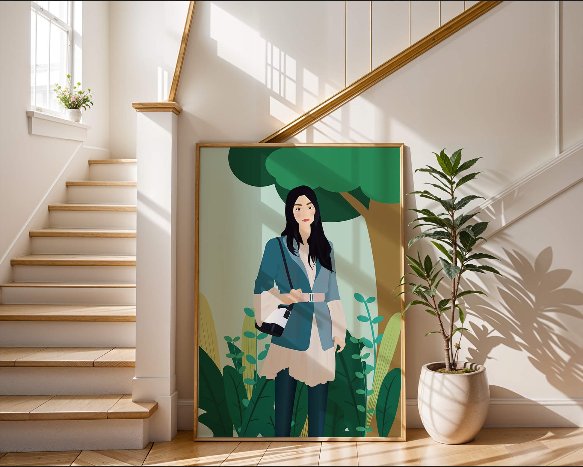 Illustrative portrait of a woman in a stylish outfit with nature backdrop