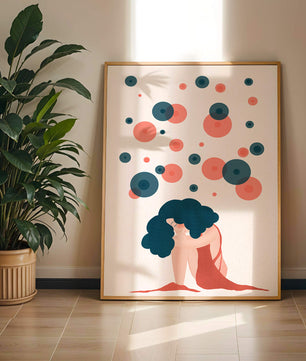 Abstract Illustration of a Woman with Curly Blue Hair Surrounded by Colorful Circles - Mi tienda