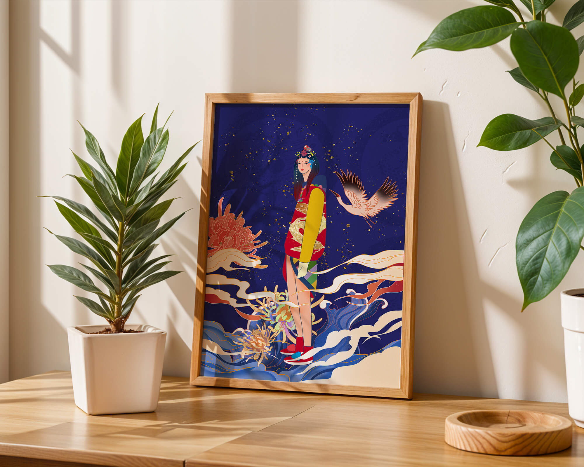 Elegant fusion of traditional and modern art with floral and avian elements