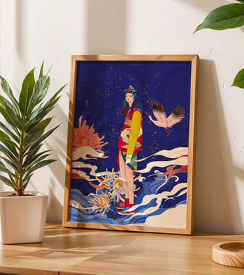Elegant fusion of traditional and modern art with floral and avian elements