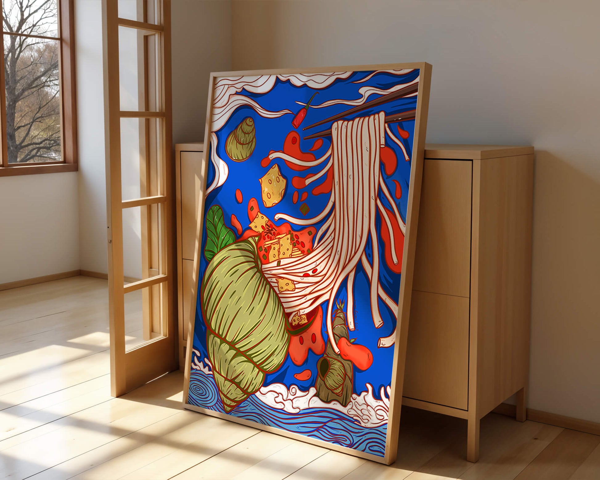 Ilustración intrincada de fideos con colores vibrantes y elementos detallados