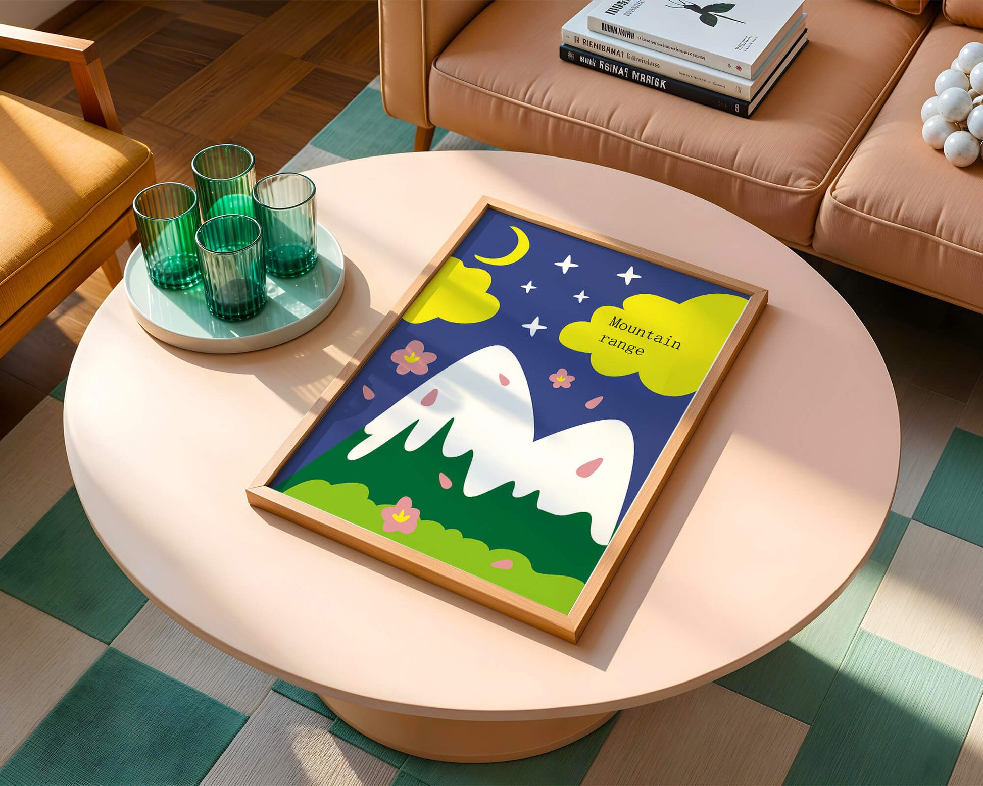 Stylized mountain landscape with starry night background and vibrant clouds