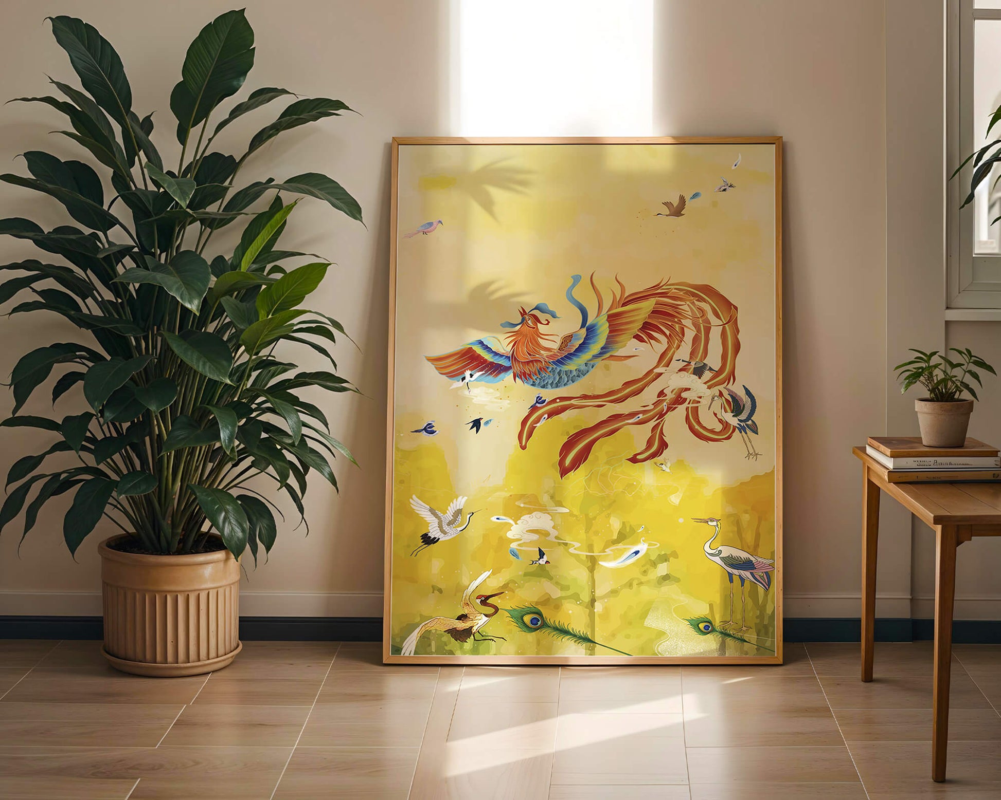 Colorful mystical bird with vivid feathered companions in a vibrant sky