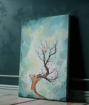 Ciervo surrealista con ramas como cuernos sobre fondo nublado en tonos pastel