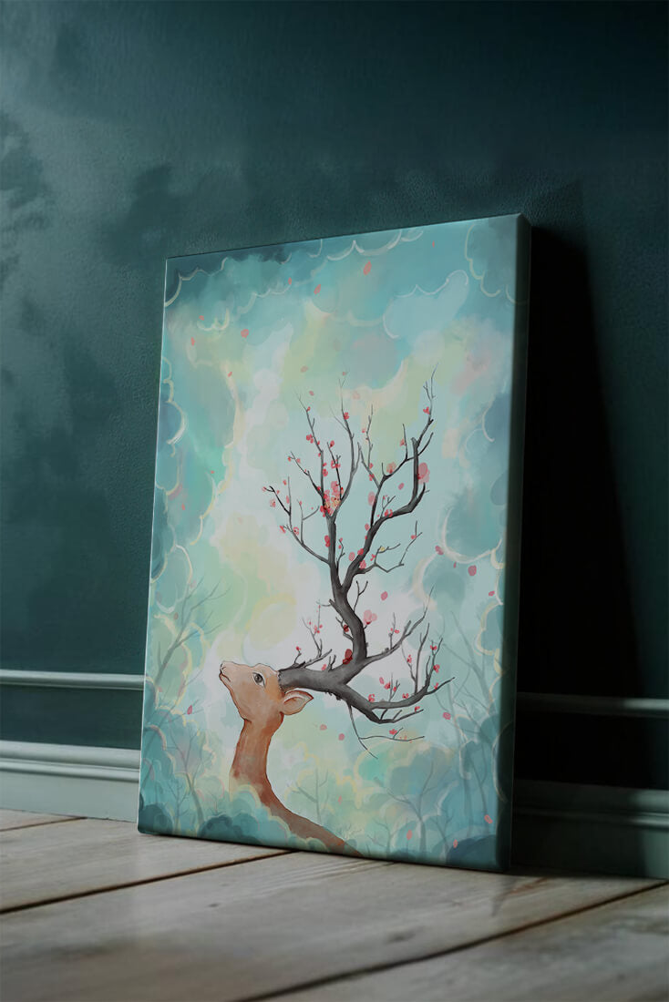 Surreal deer with branches for antlers in a pastel cloudy background