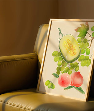 Ilustración de frutas vibrantes que incluye uvas, melón y duraznos