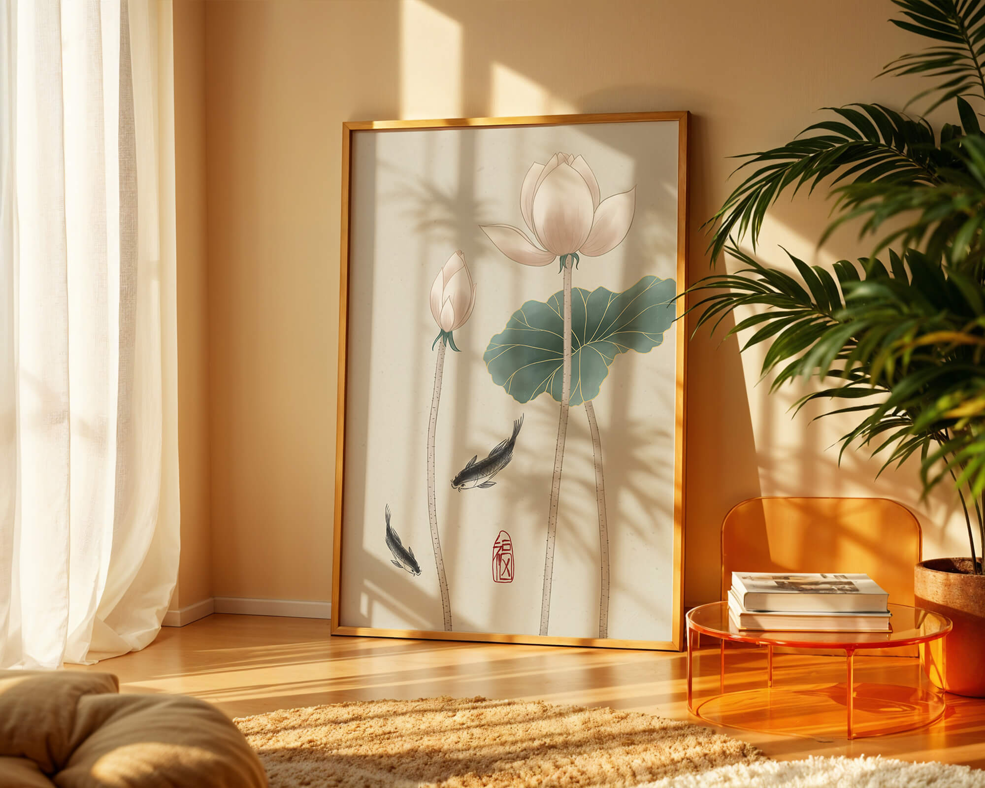Lotus flowers and koi fish in minimalist Asian art illustration