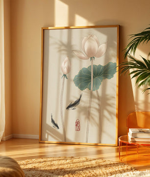Fleurs de lotus et carpes koï dans une illustration d’art asiatique minimaliste