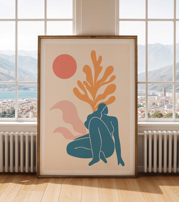 Abstract Nude Figure in Minimalist Design with Botanical Elements