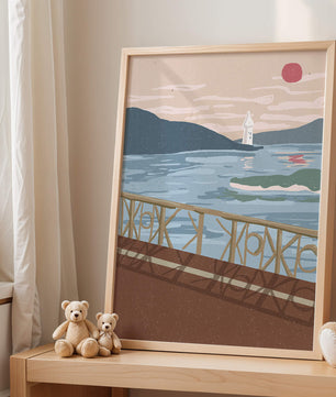 Coastal Landscape with Lighthouse and Artistic Fence at Sunset