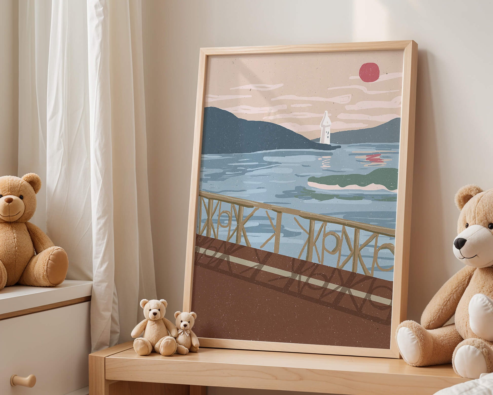 Coastal Landscape with Lighthouse and Artistic Fence at Sunset