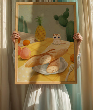 Gato con gafas de sol en un entorno tropical con baguettes y frutas