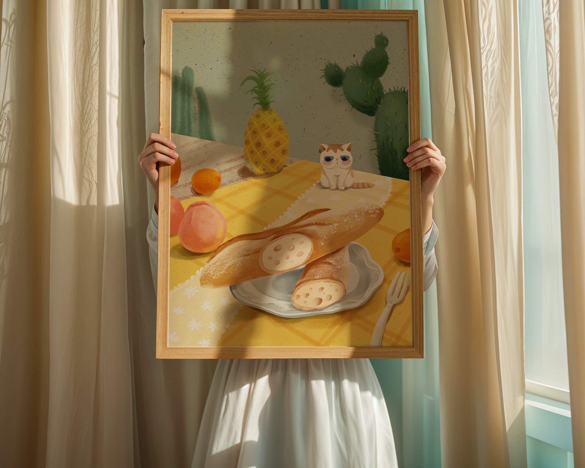 Gato con gafas de sol en un entorno tropical con baguettes y frutas