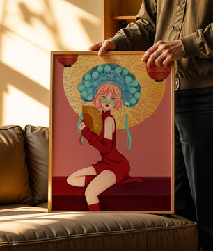Elegante Illustration einer Frau in traditioneller Kleidung mit einem Fächer