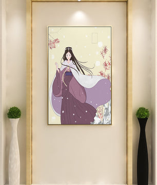 Elegant Woman in Traditional Garment with Snowflakes and Branches