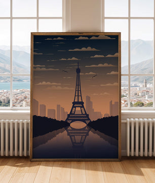Vista escénica de la Torre Eiffel al anochecer con reflejo del horizonte urbano