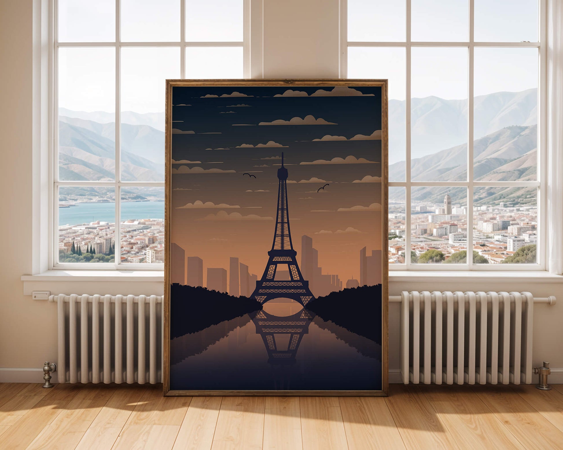 Scenic view of the Eiffel Tower at dusk with city skyline reflection