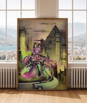 Cyberpunk-Anime-Figur im futuristischen Stadtbild 