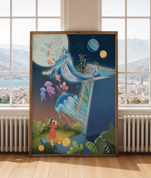 Vida oceánica surrealista emergiendo de un libro en una escena forestal onírica
